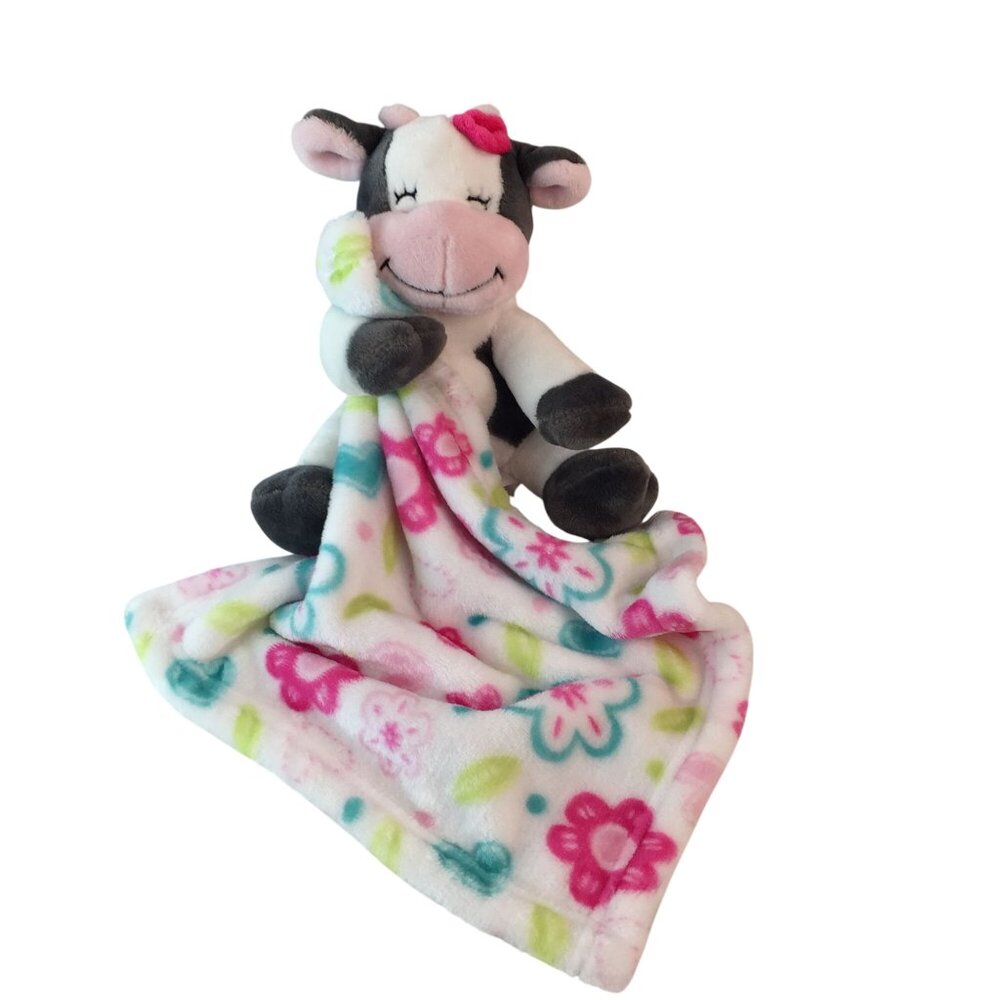 Little Miracles Grey White Cow Plush Lovey Security Blanket‎ Pink Flowers Hearts